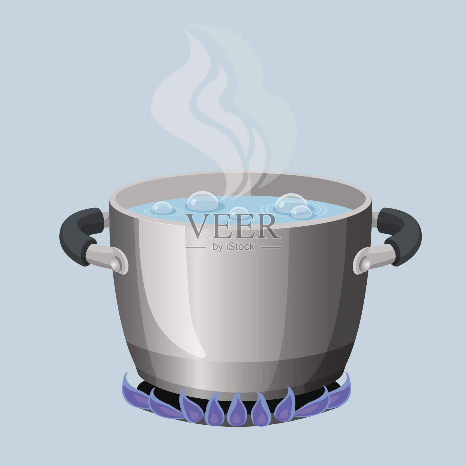 沸水在铝锅上的气体火焰逼真的矢量插图插画图片素材