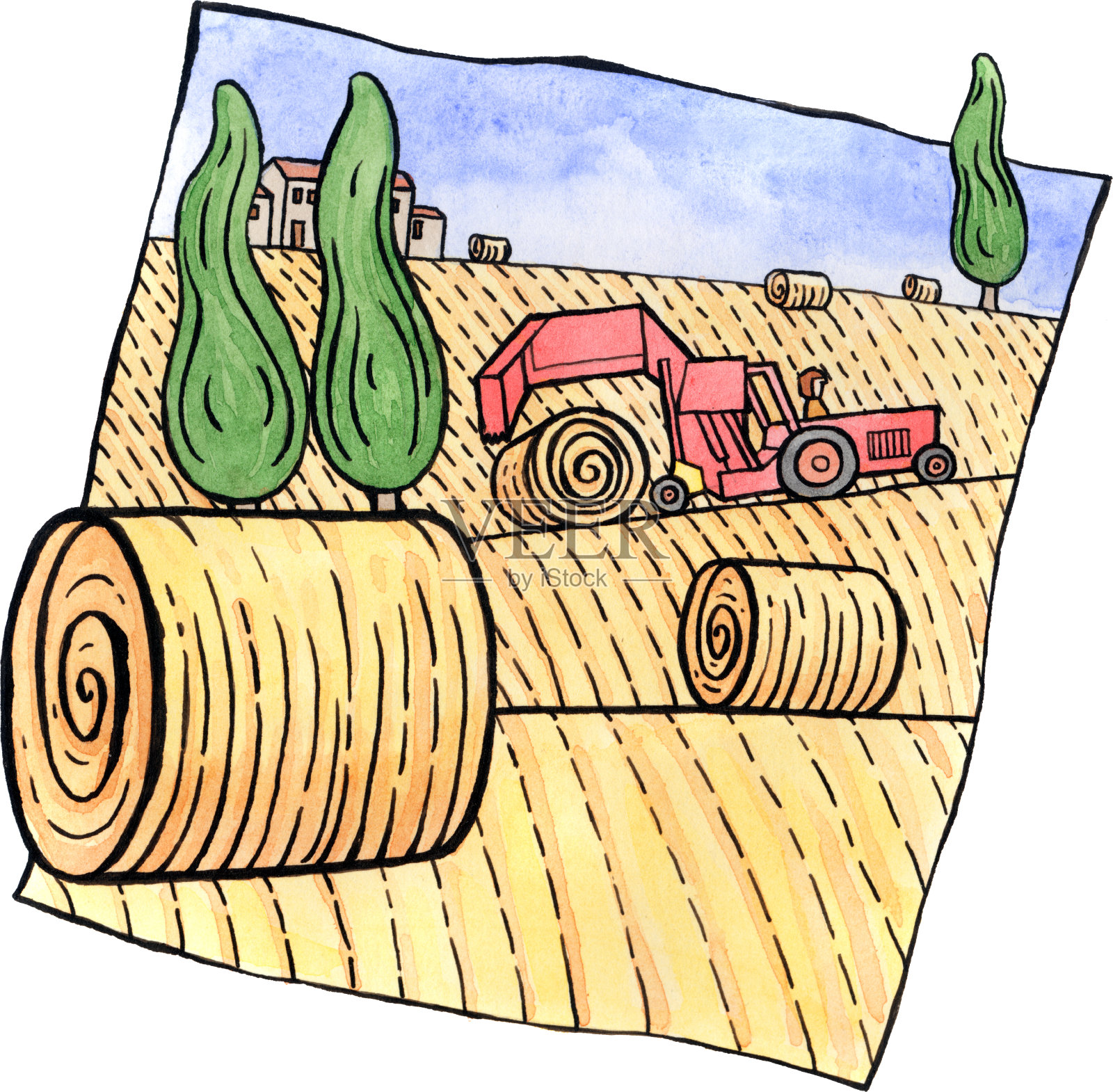 有干草捆和拖拉机的风景插画图片素材