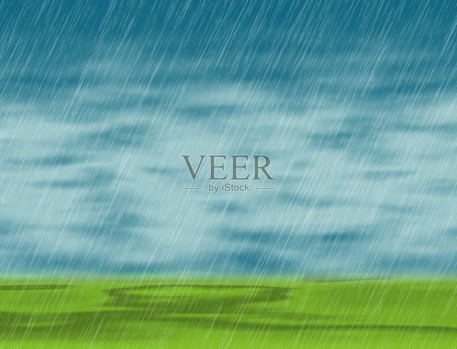 暴雨背景在多云的天气与绿色的草插画图片素材