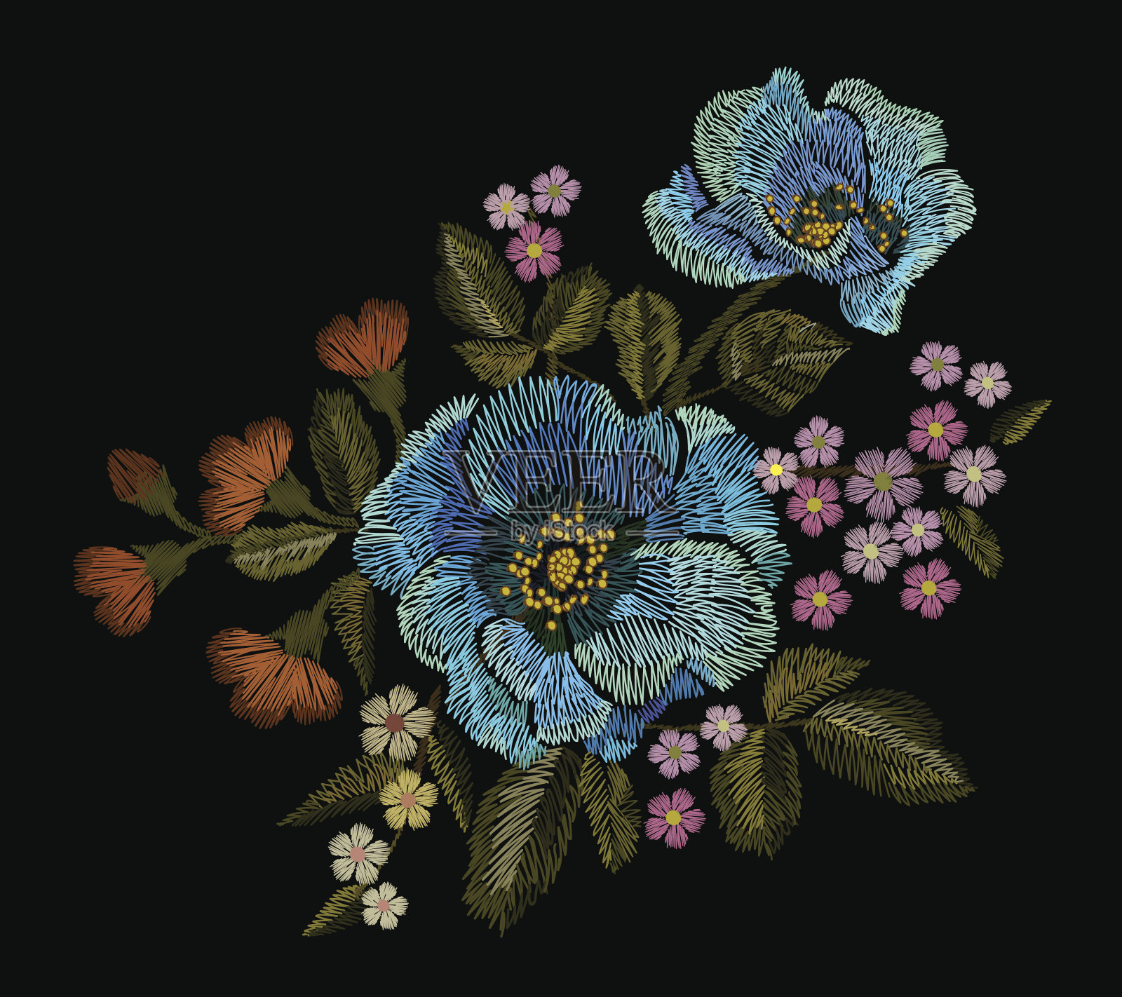 刺绣彩色花补丁与蓝色罂粟和雏菊佩斯利花插画图片素材