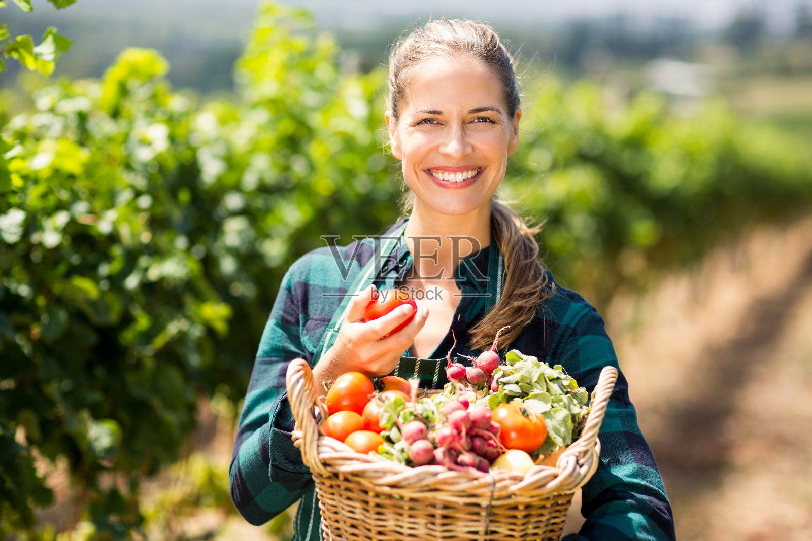 一个快乐的女农民抱着一篮蔬菜照片摄影图片