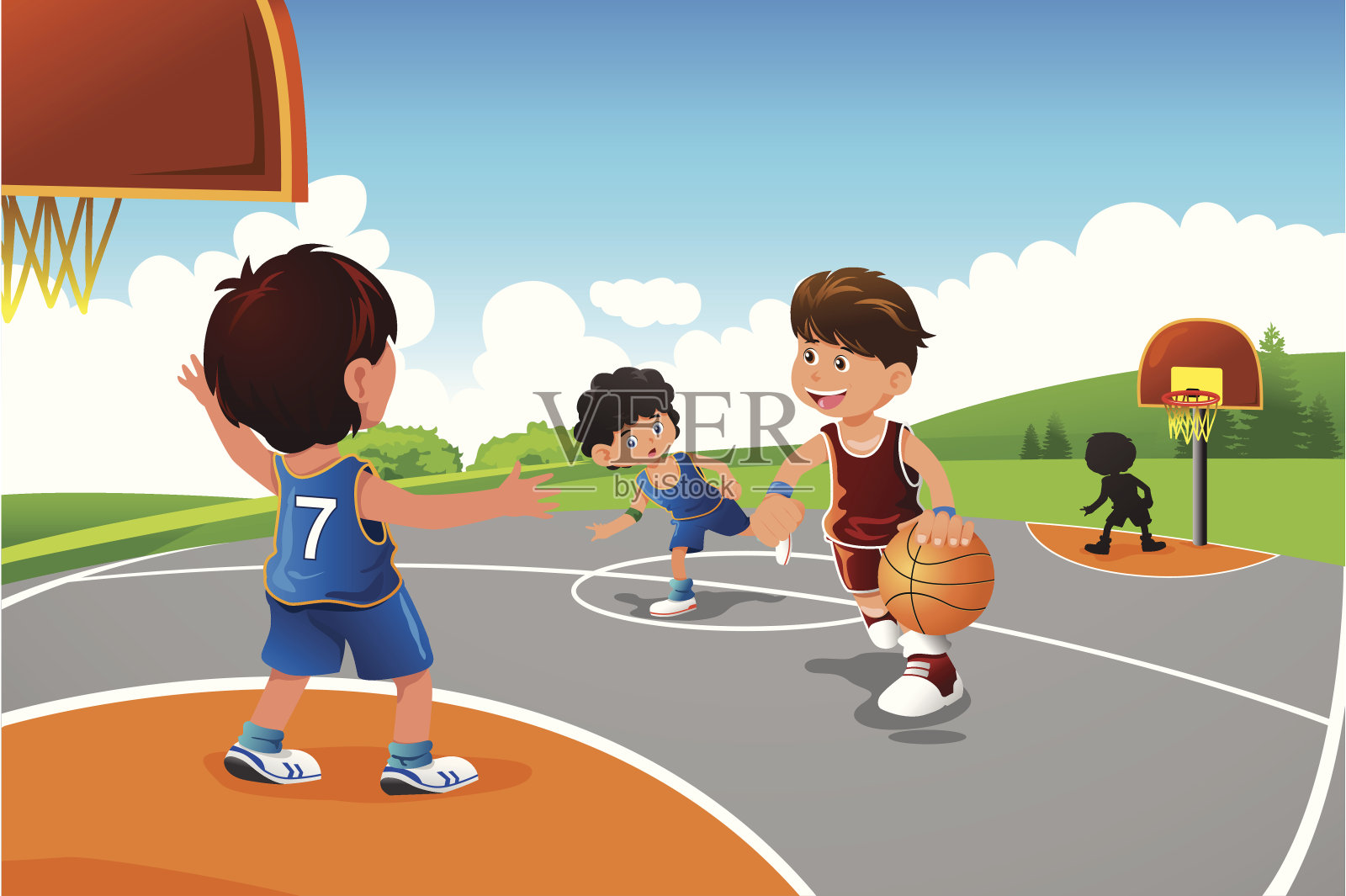 孩子们在操场上打篮球插画图片素材