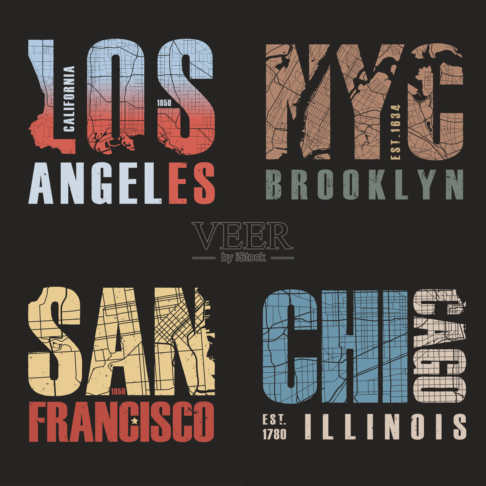 一套美国城市t恤设计。矢量插图。插画图片素材