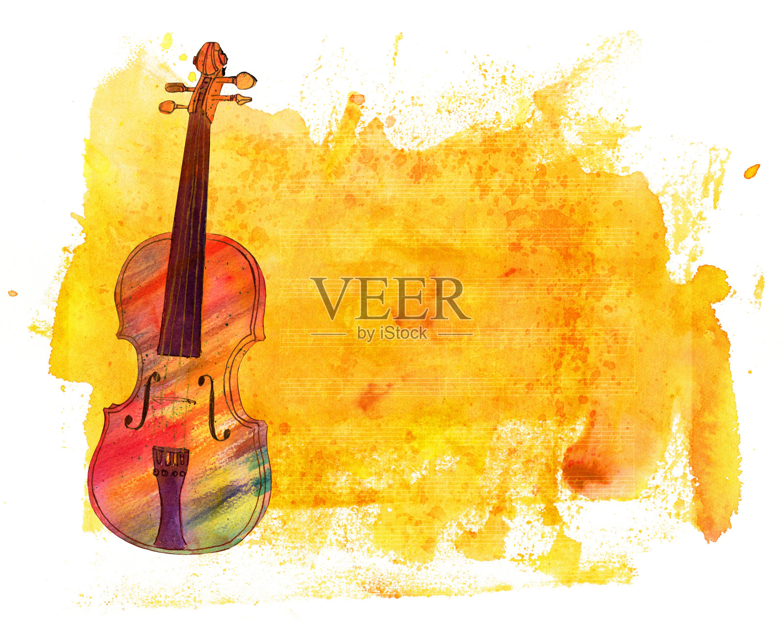 水彩小提琴上的金色纹理与音符和copyspace插画图片素材