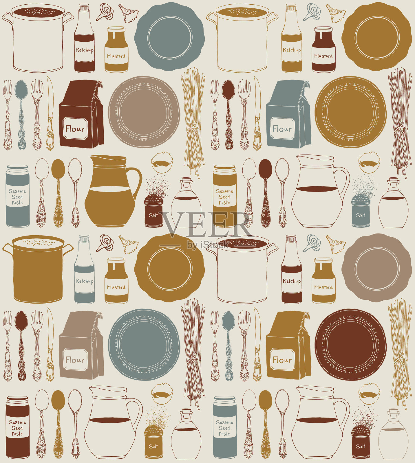 厨房用具和食物。炊具。插画图片素材