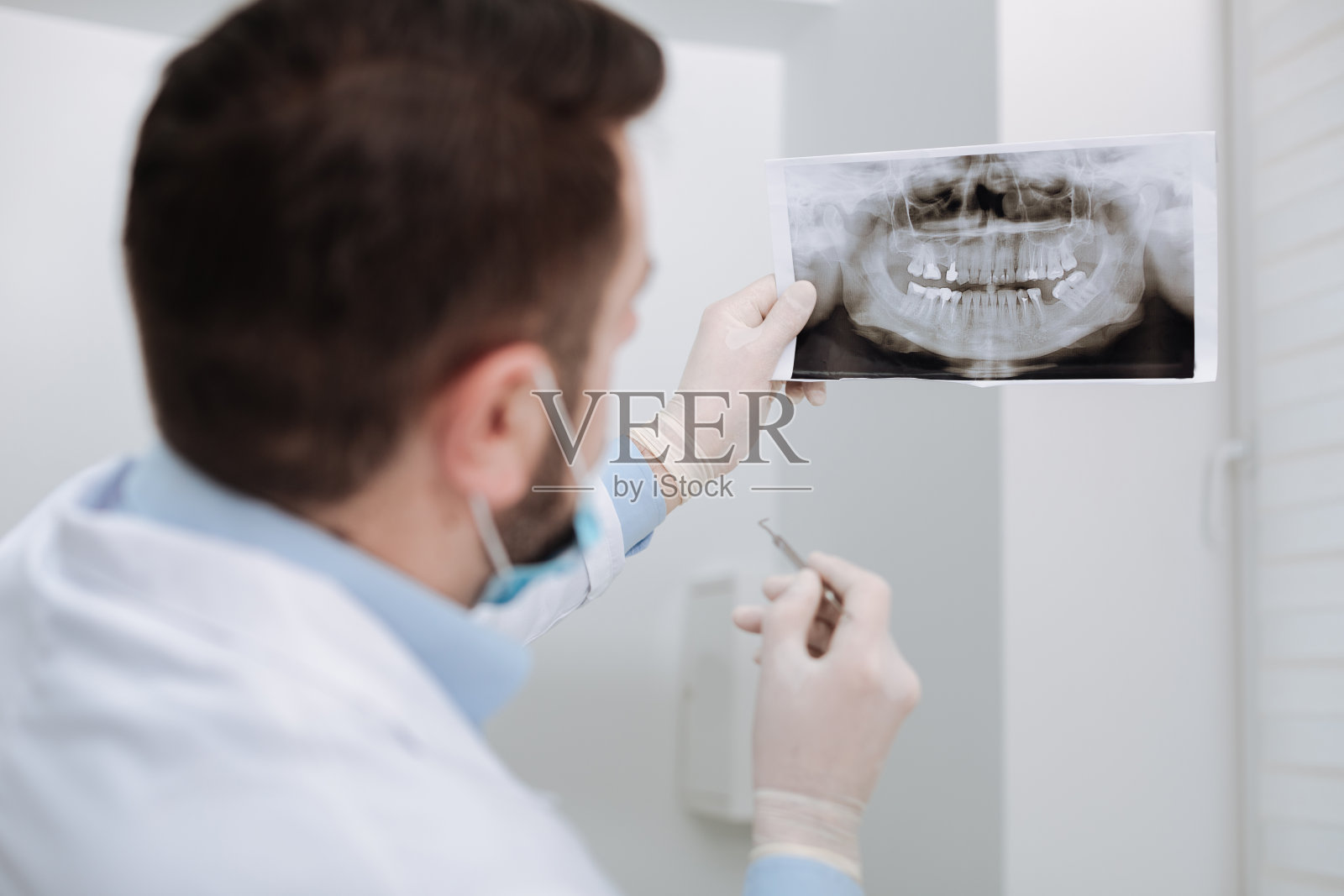 专注的专业牙医研究病人的x光照片摄影图片