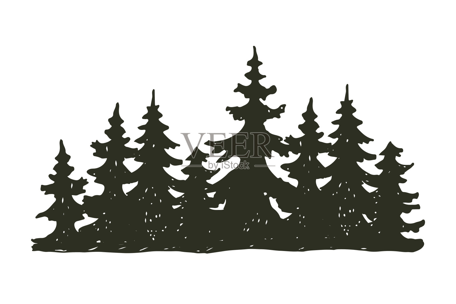 树户外旅行黑色剪影针叶自然徽章，顶部松树云杉枝雪松和植物叶抽象茎画矢量插图设计元素图片