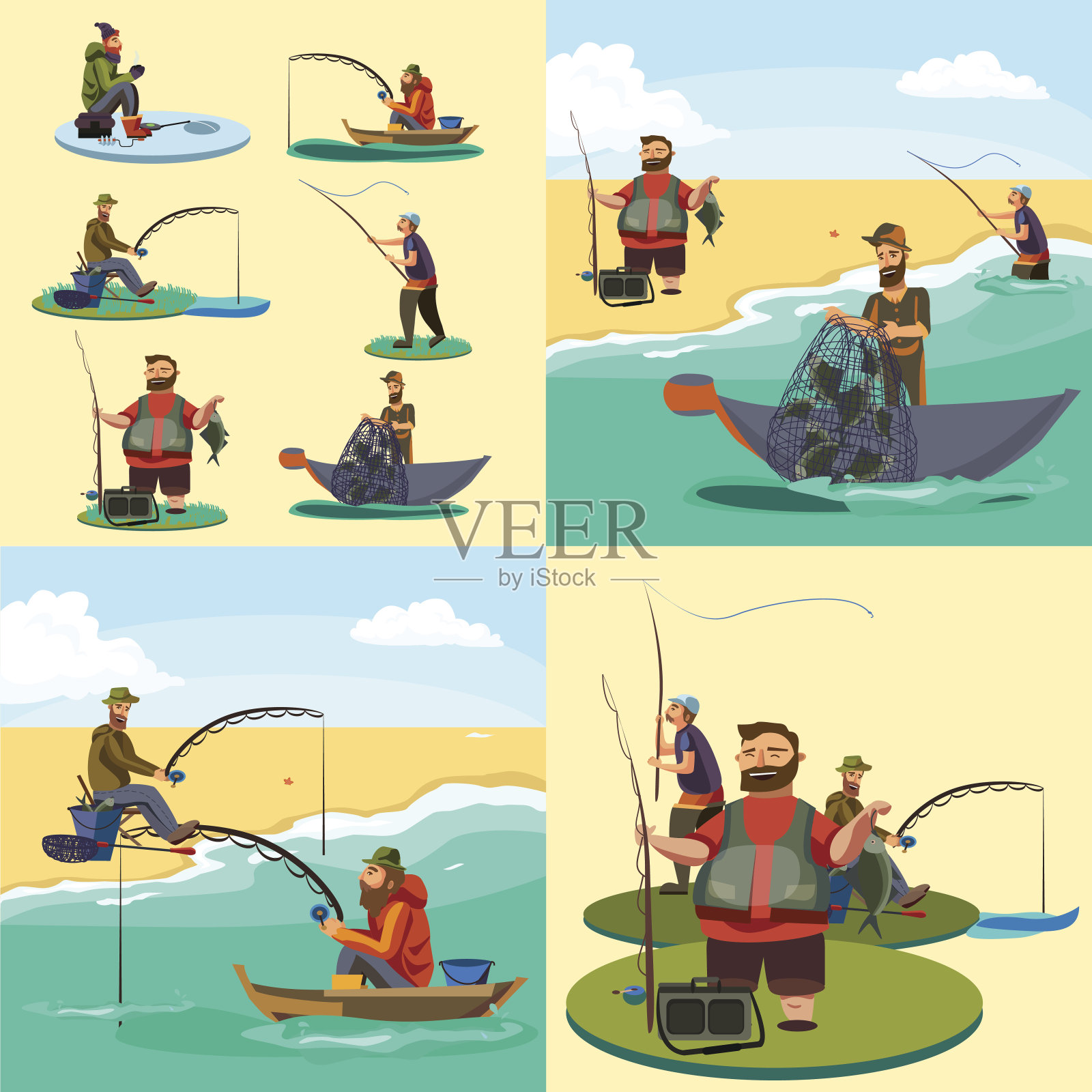 一套卡通渔民捕鱼坐渔船渔民扔鱼竿入水，快乐的渔民抓住和旋转，人拉网出水，捕鱼在冰上的图标矢量插图插画图片素材