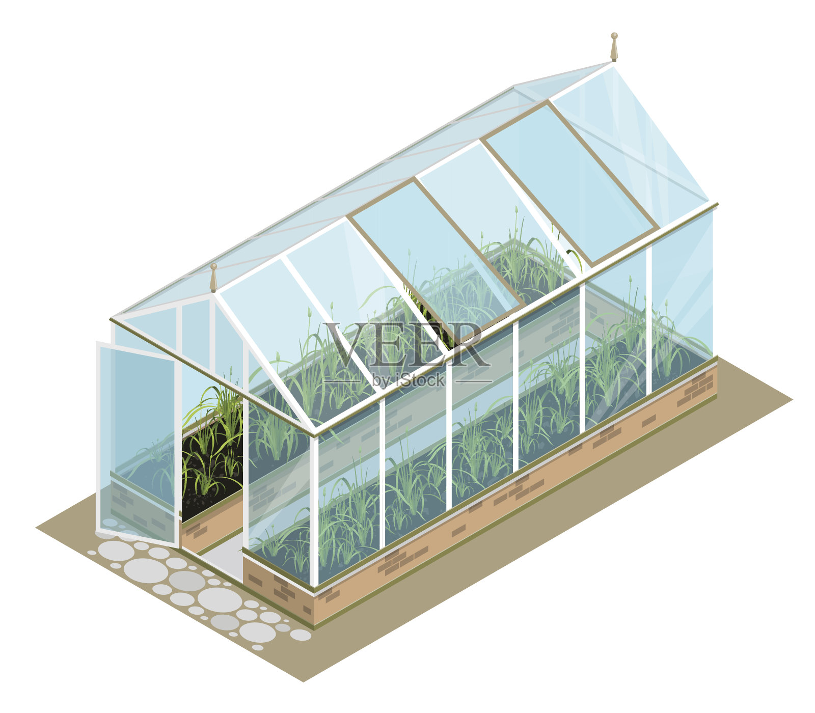 等距温室玻璃墙，基础，山墙屋顶，花园床。插画图片素材