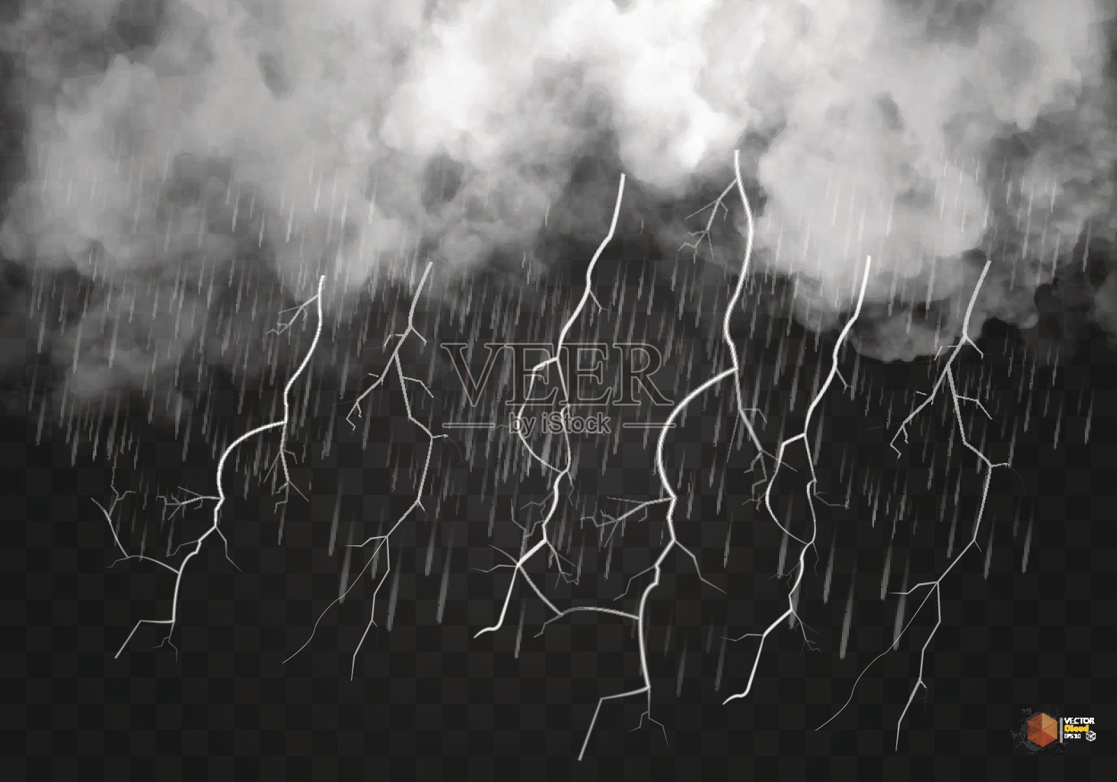 云和闪电与雨和白云孤立在一个透明的背景插画图片素材