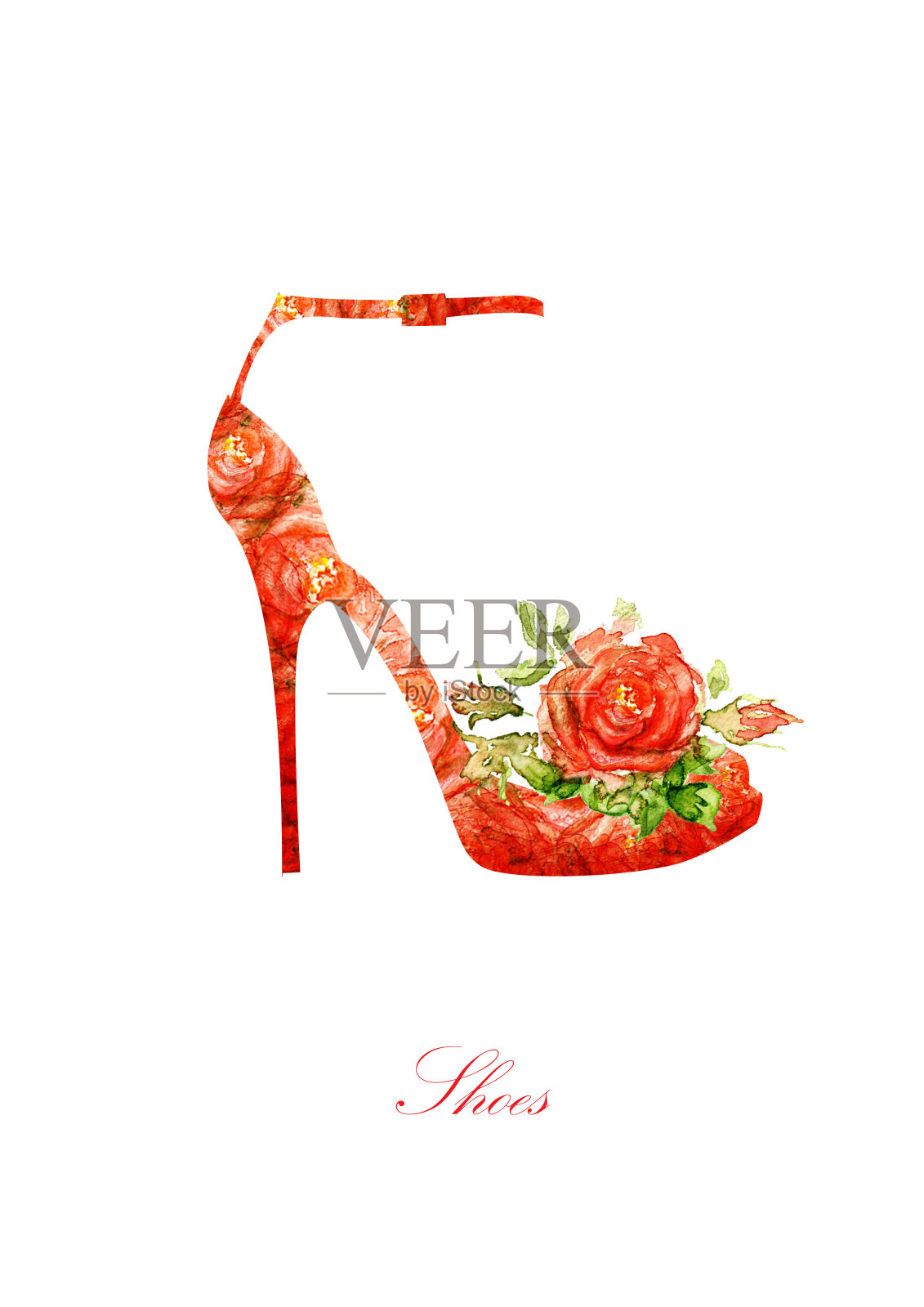 女鞋的剪影，取自水彩玫瑰插画图片素材