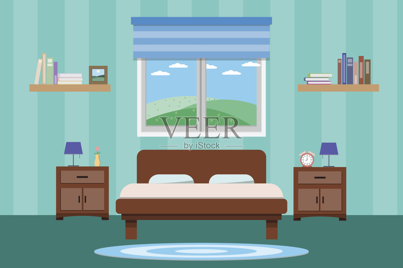 室内卧室设计与床和配件。向量和插图插画图片素材