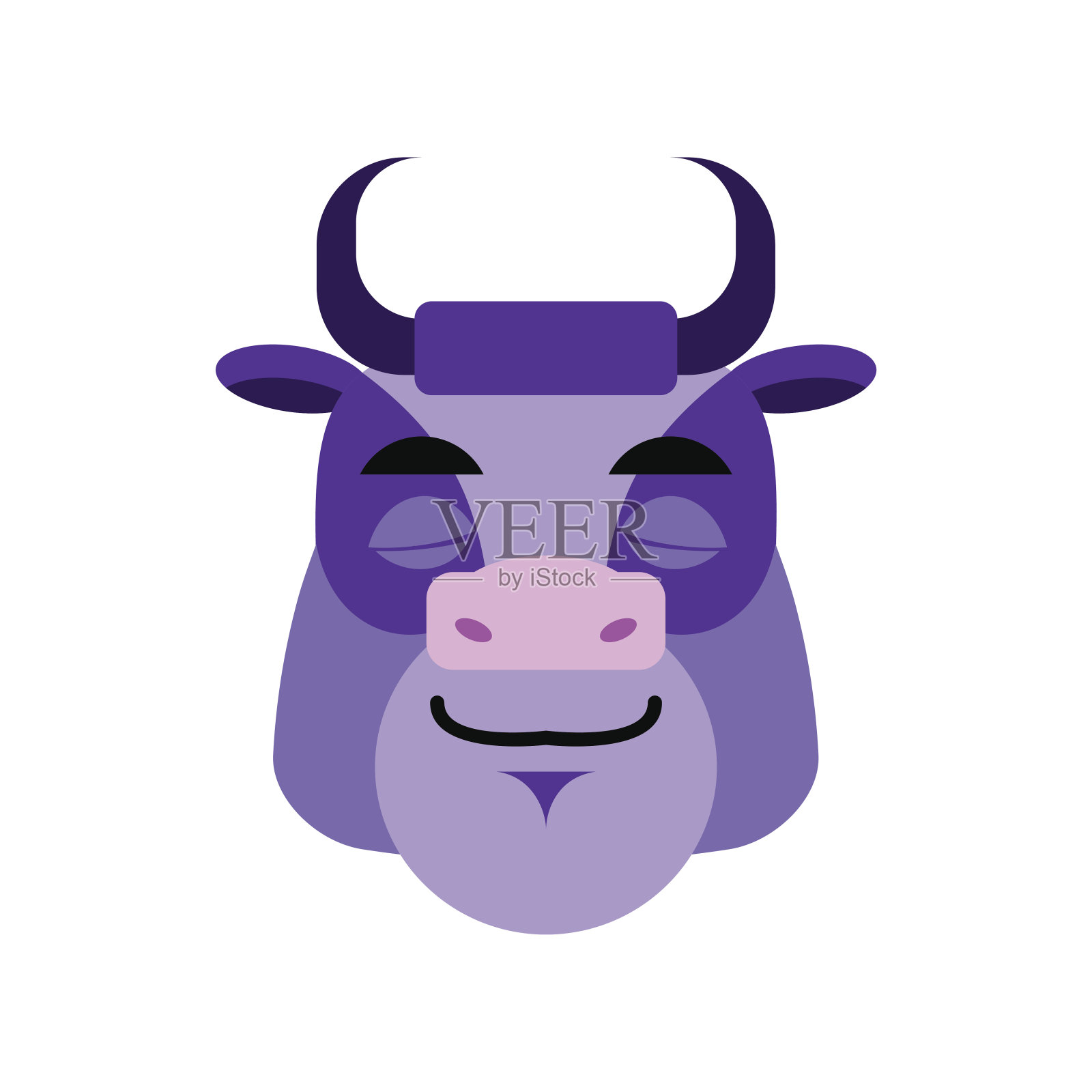 紫奶牛睡觉的表情。牛头入睡情绪插画图片素材