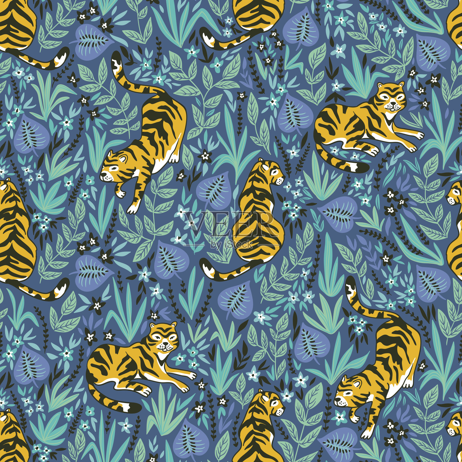 矢量无缝模式与老虎在丛林。热带背景的织物或墙纸波西米亚设计。插画图片素材