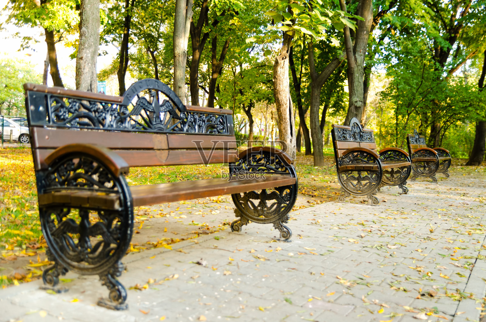 秋天，公园里空荡荡的长凳照片摄影图片