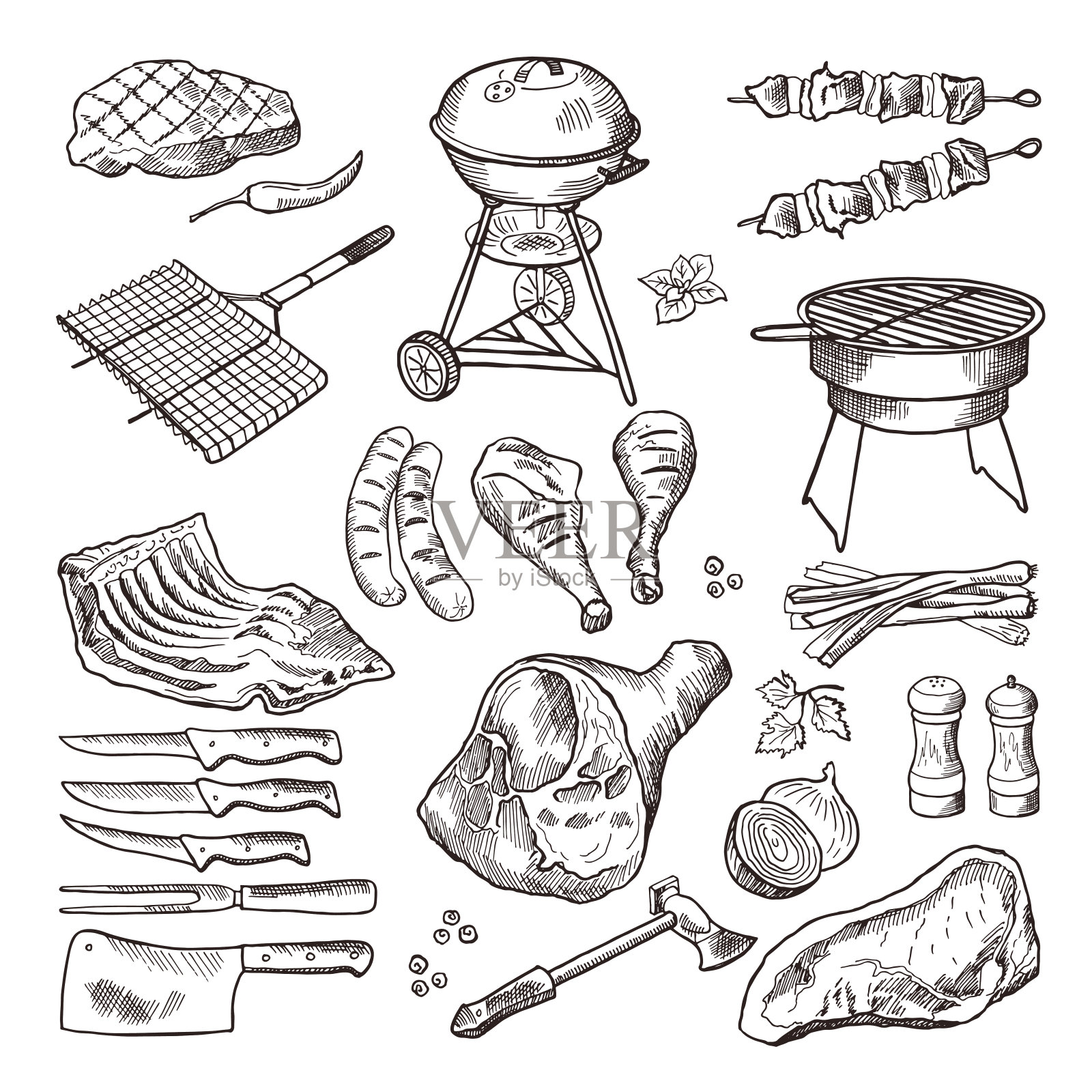 烧烤矢量手绘插图集。烧烤派对的烤肉及其他配件插画图片素材