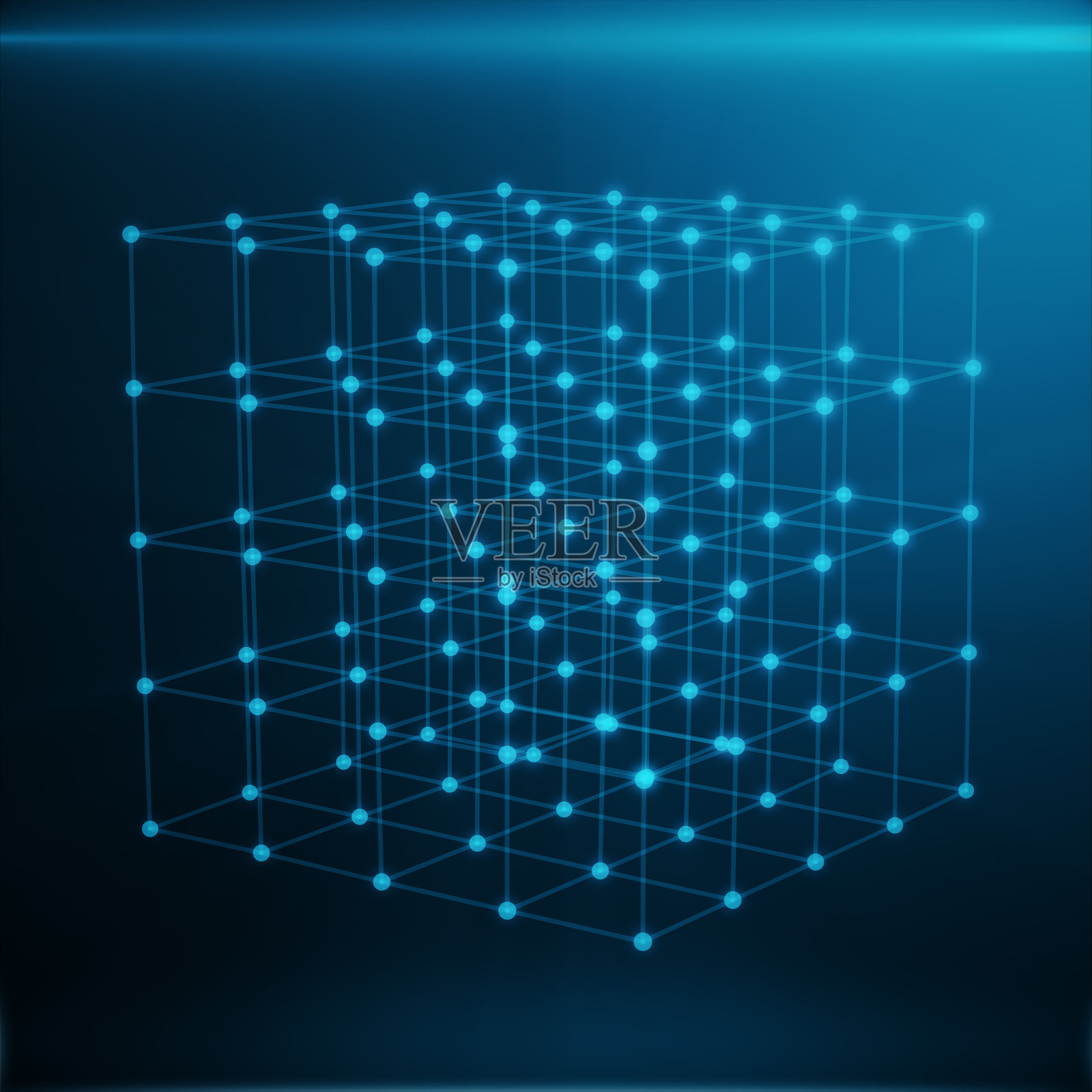 线框多边形元素。由蓝线和蓝点组成的立方体。蓝色背景，3D渲染照片摄影图片