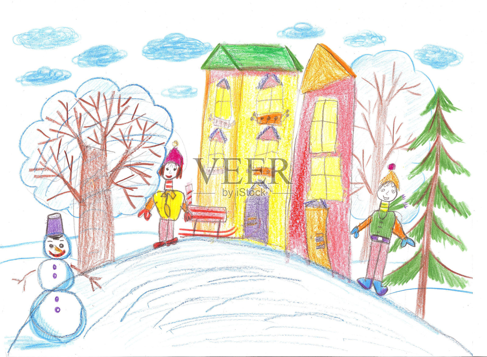 孩子们在冬天玩，拉雪橇，堆雪人插画图片素材