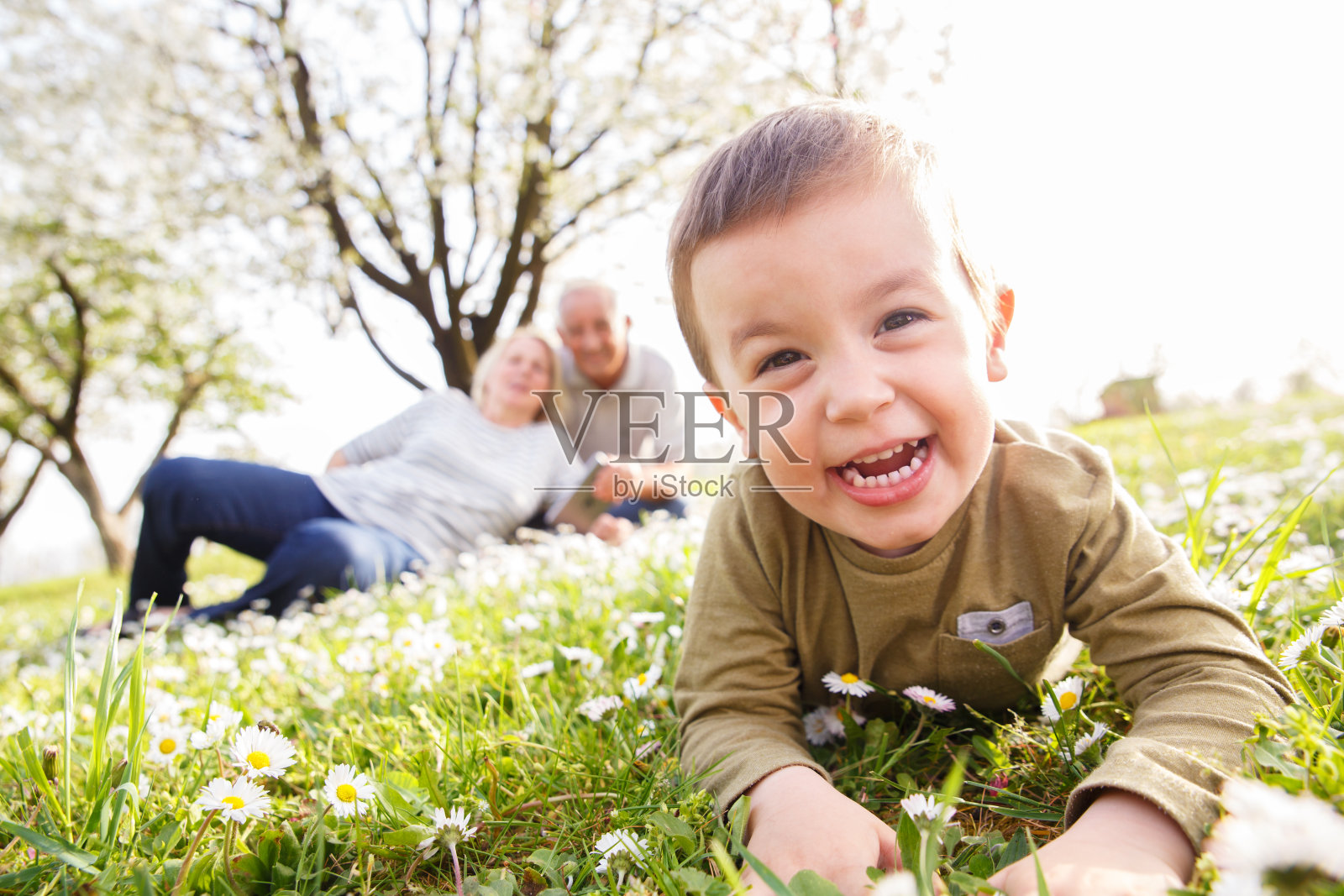 爷爷奶奶和孙子一起享受着阳光明媚的春日。照片摄影图片