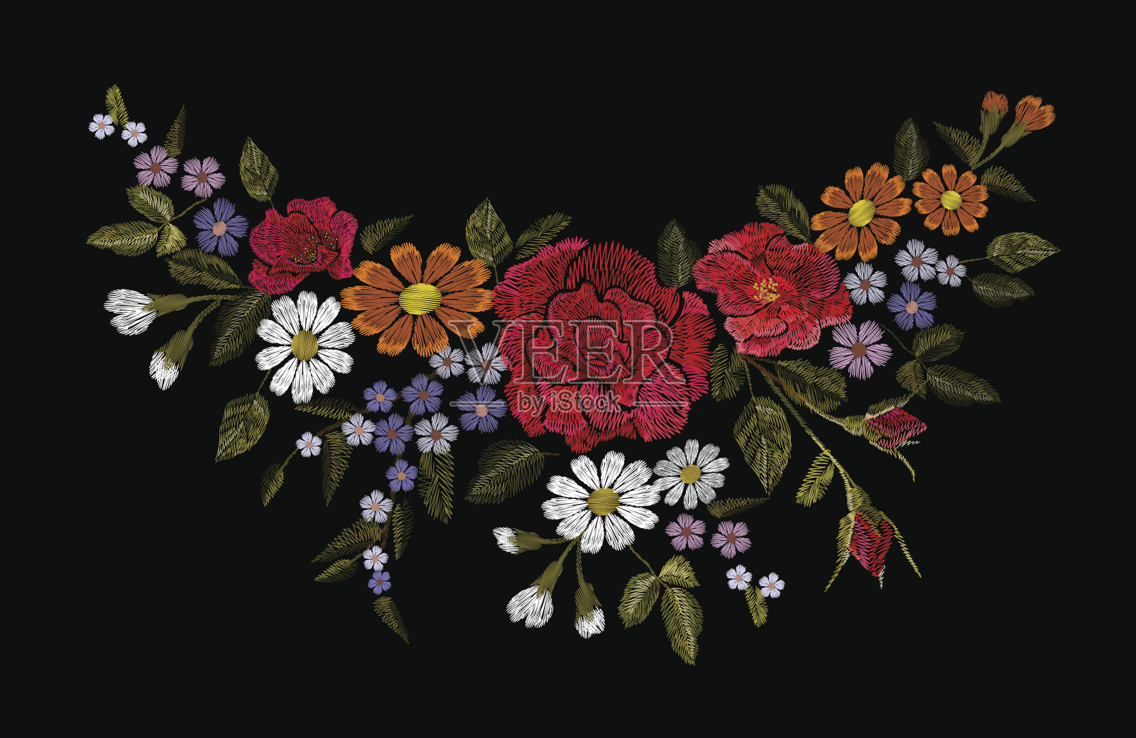 刺绣鲜艳的花补丁与玫瑰和雏菊佩斯利花插画图片素材