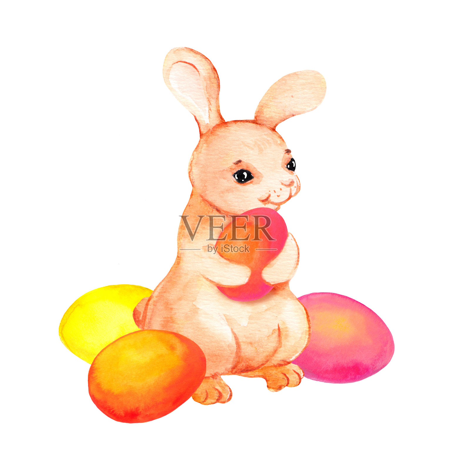 带彩蛋的复活节兔子。水彩插画图片素材