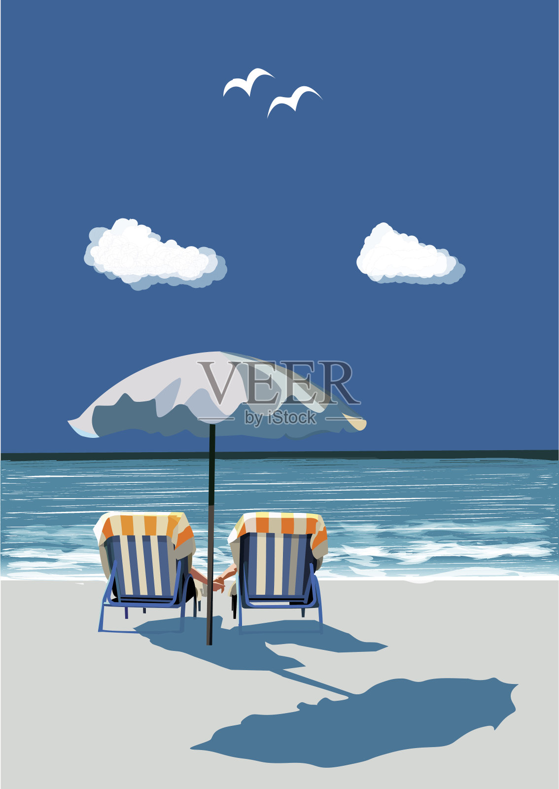 海滩上，快乐的夫妇坐在躺椅上，在伞下，度假，向量插画图片素材