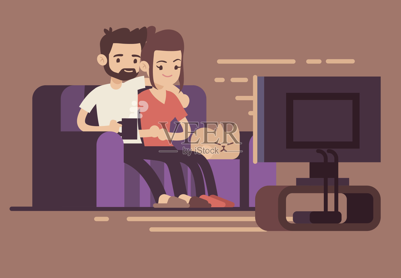 轻松愉快的年轻夫妇在客厅看电视插画图片素材