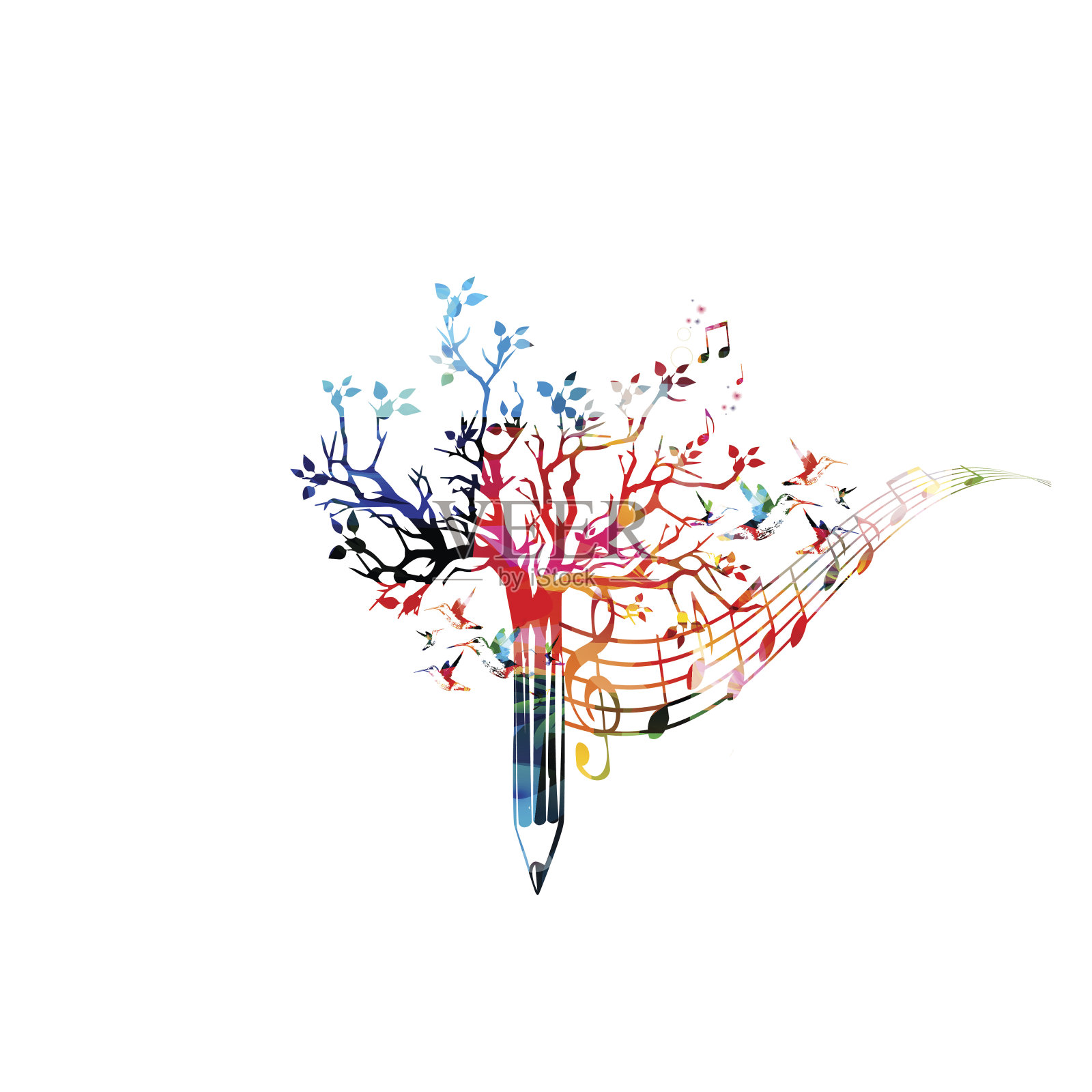 彩色铅笔树矢量插图与音乐音符插画图片素材