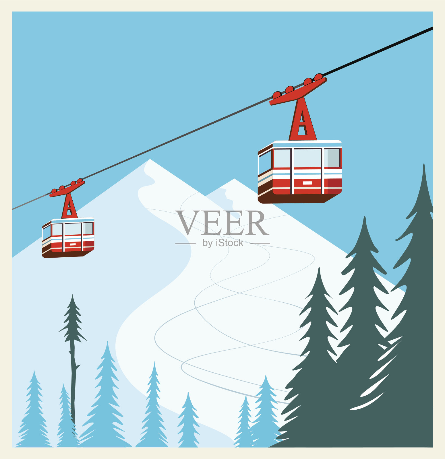 复古冬季卡通背景，海报。红色滑雪缆车移动插画图片素材