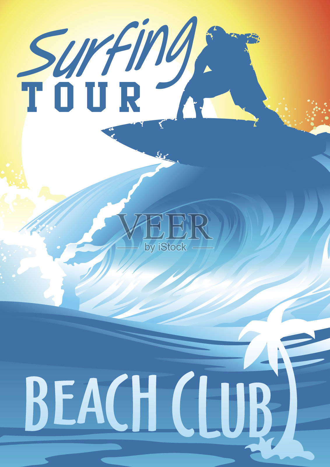 冲浪旅游海滩俱乐部与冲浪者在波浪插画图片素材