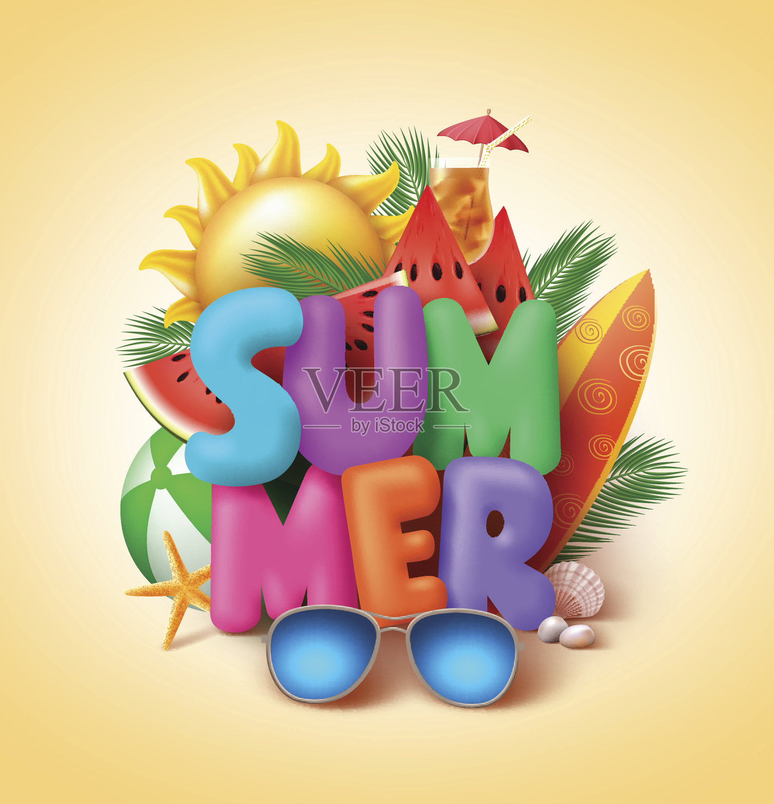 夏季矢量横幅设计与3d彩色夏季文字插画图片素材