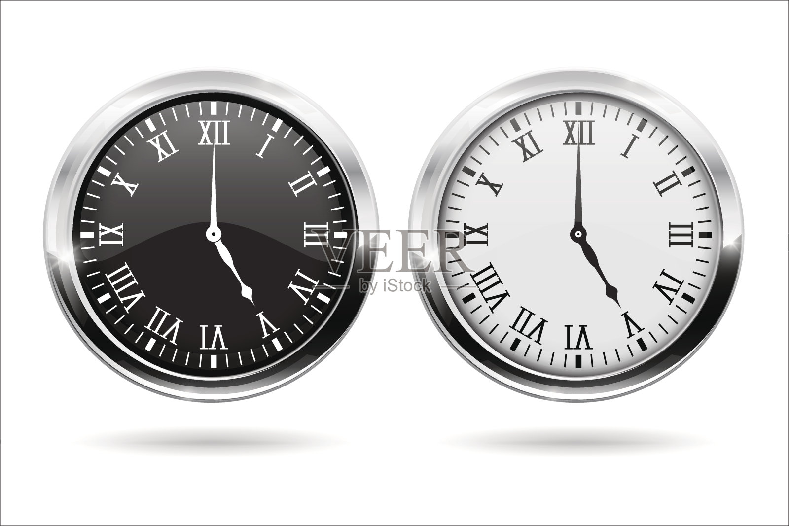 时钟。黑白钟面与罗马数字和铬框架插画图片素材