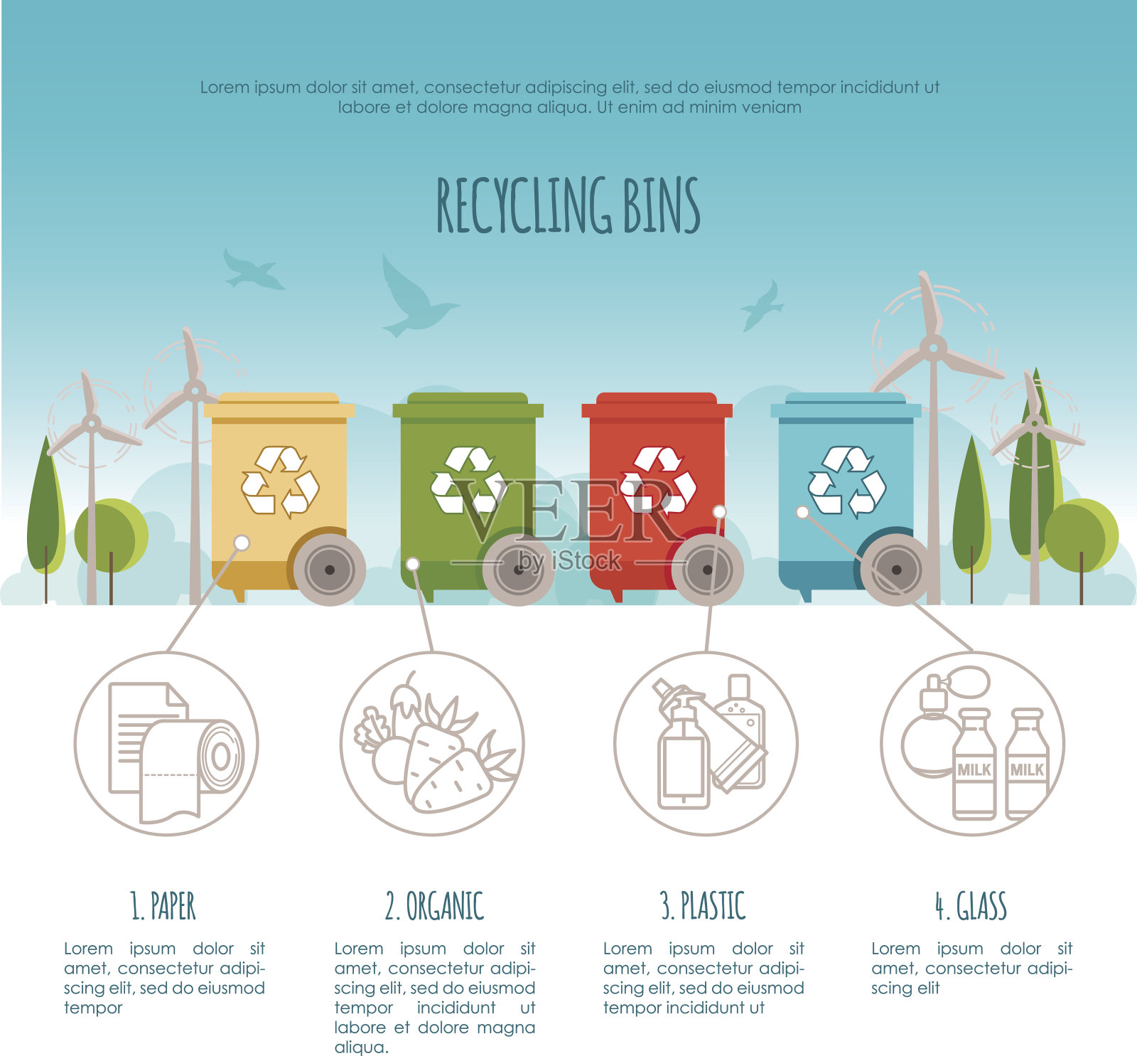 回收垃圾箱信息图表。废物管理和回收概念。平面向量插图插画图片素材