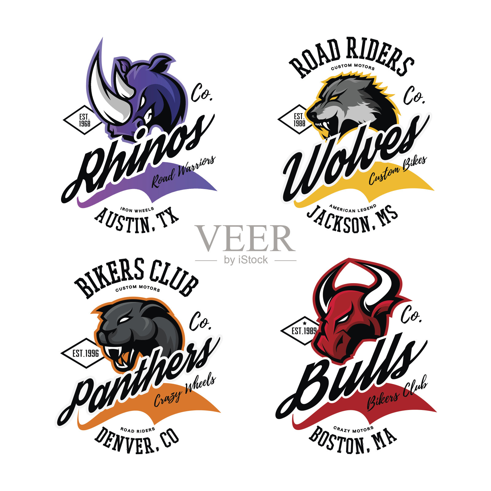 复古的美国狂怒公牛，狼，豹，犀牛摩托车俱乐部t打印矢量设计。插画图片素材