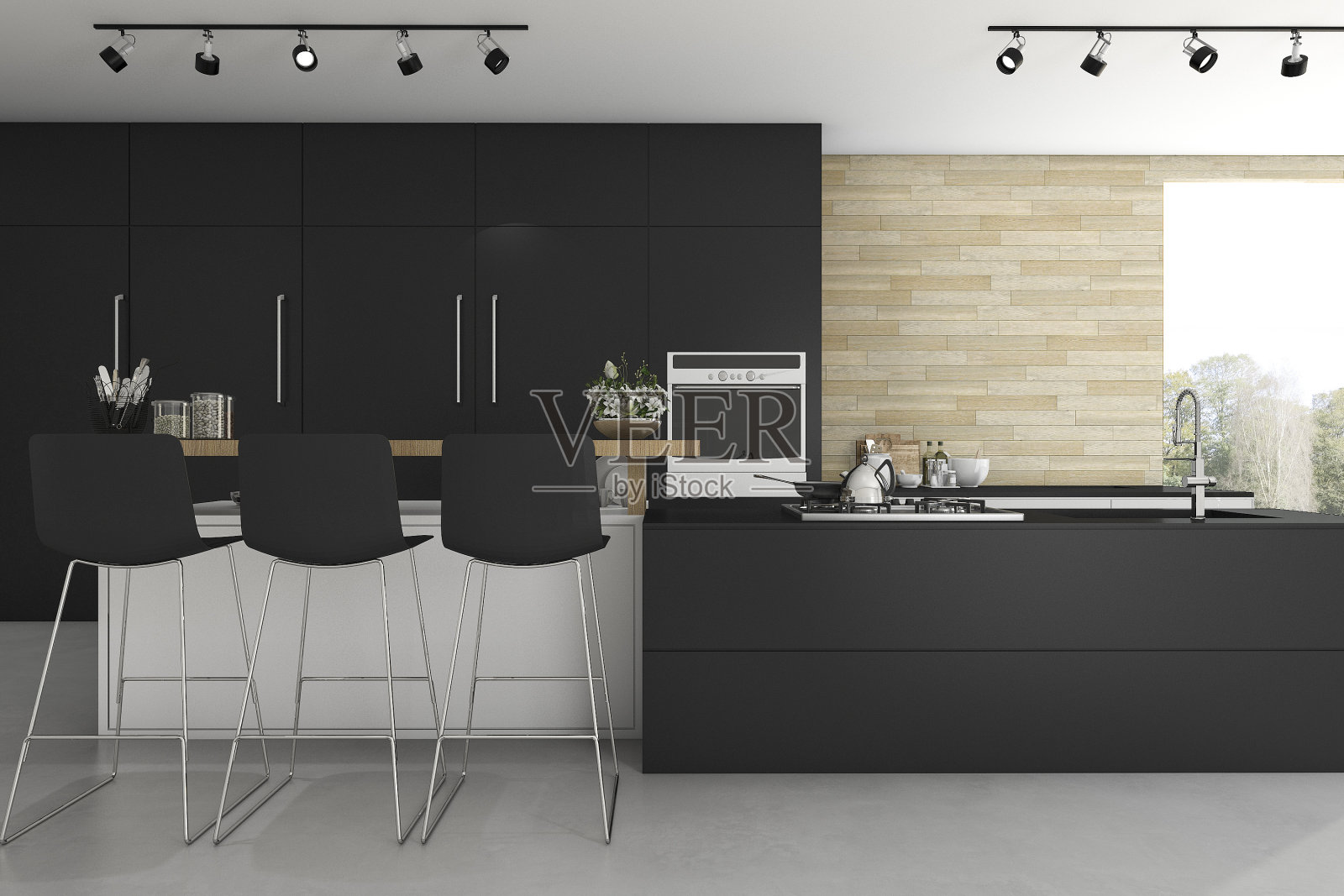 3d渲染黑色厨房和最小的装饰照片摄影图片