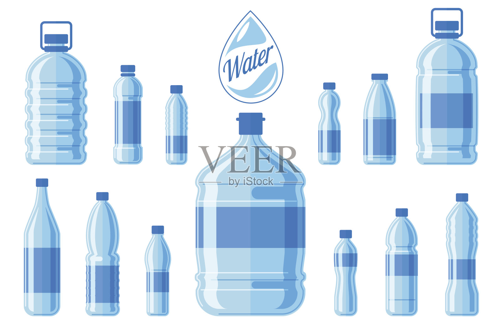 塑料水瓶设置孤立的白色背景。健康水樽矢量插图插画图片素材