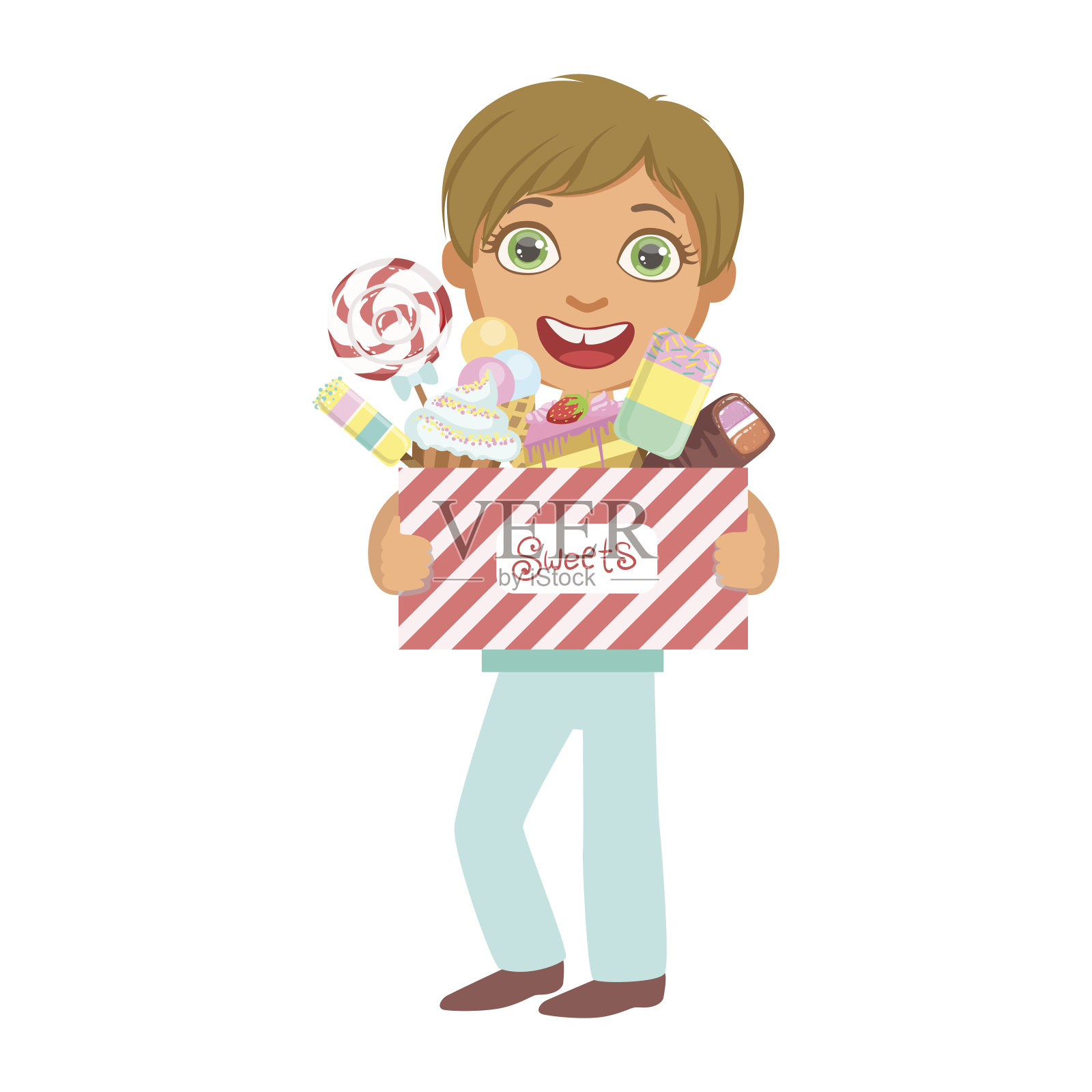 可爱的小男孩拎着一盒糖果，一个五颜六色的人物插画图片素材