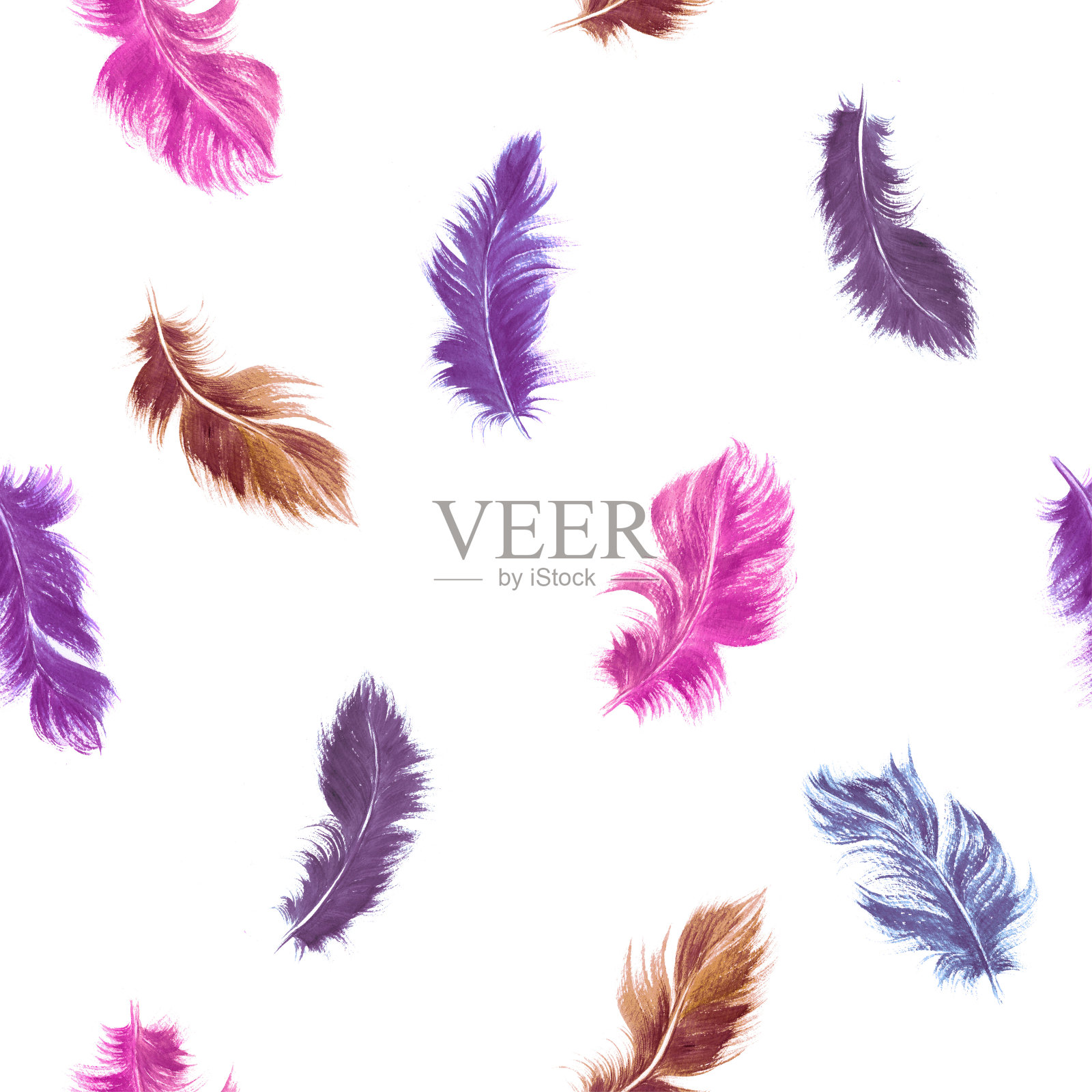水彩羽毛无缝图案在粉红色，紫色和紫色的颜色设计元素图片