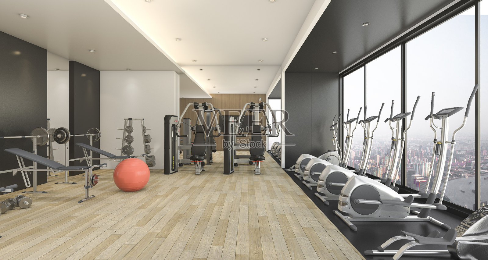 3d渲染现代木材和黑色装饰健身房和健身与美好的观点照片摄影图片