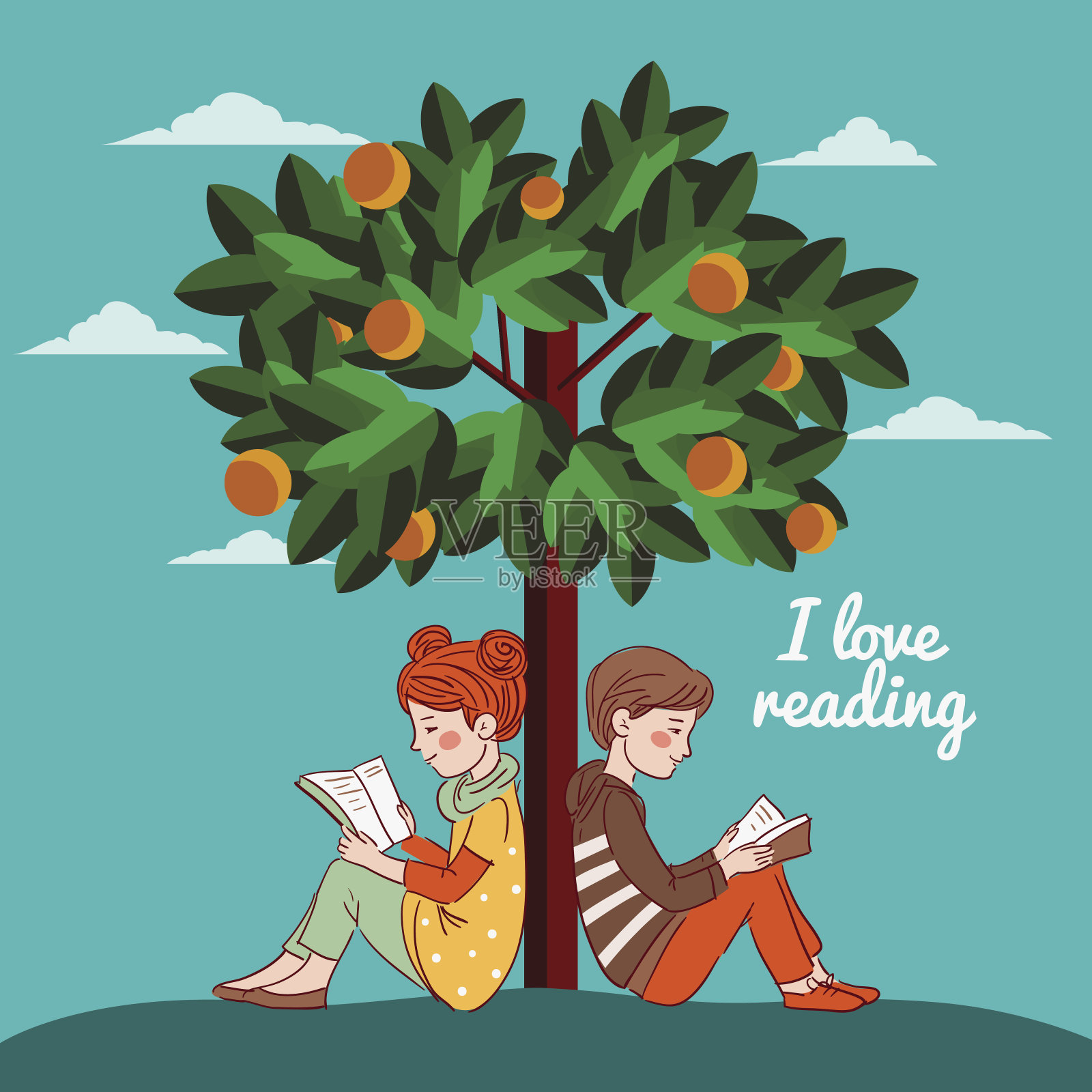 可爱的男孩和女孩在橘子树下看书插画图片素材