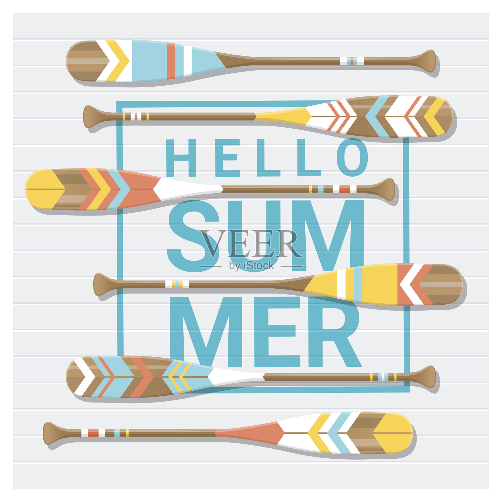 你好夏季背景与彩绘独木舟桨，矢量，插图插画图片素材