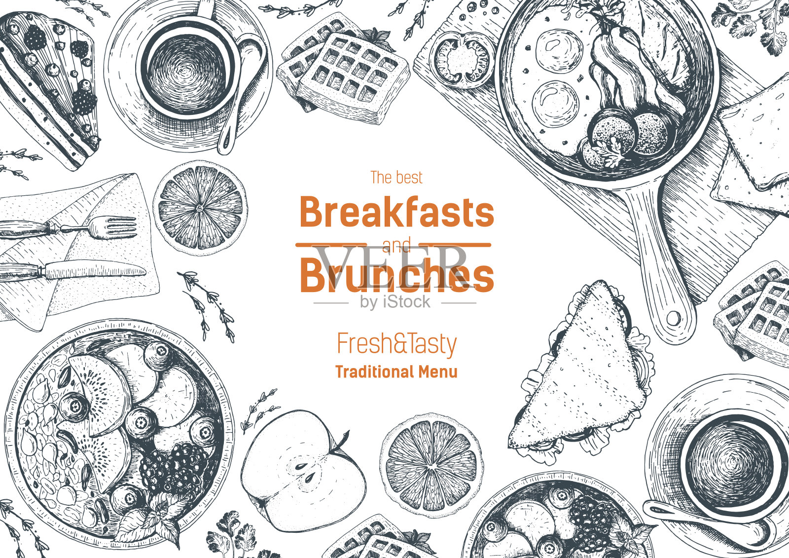 早餐和早午餐俯视图框架。食品菜单设计。复古手绘草图矢量插图。插画图片素材