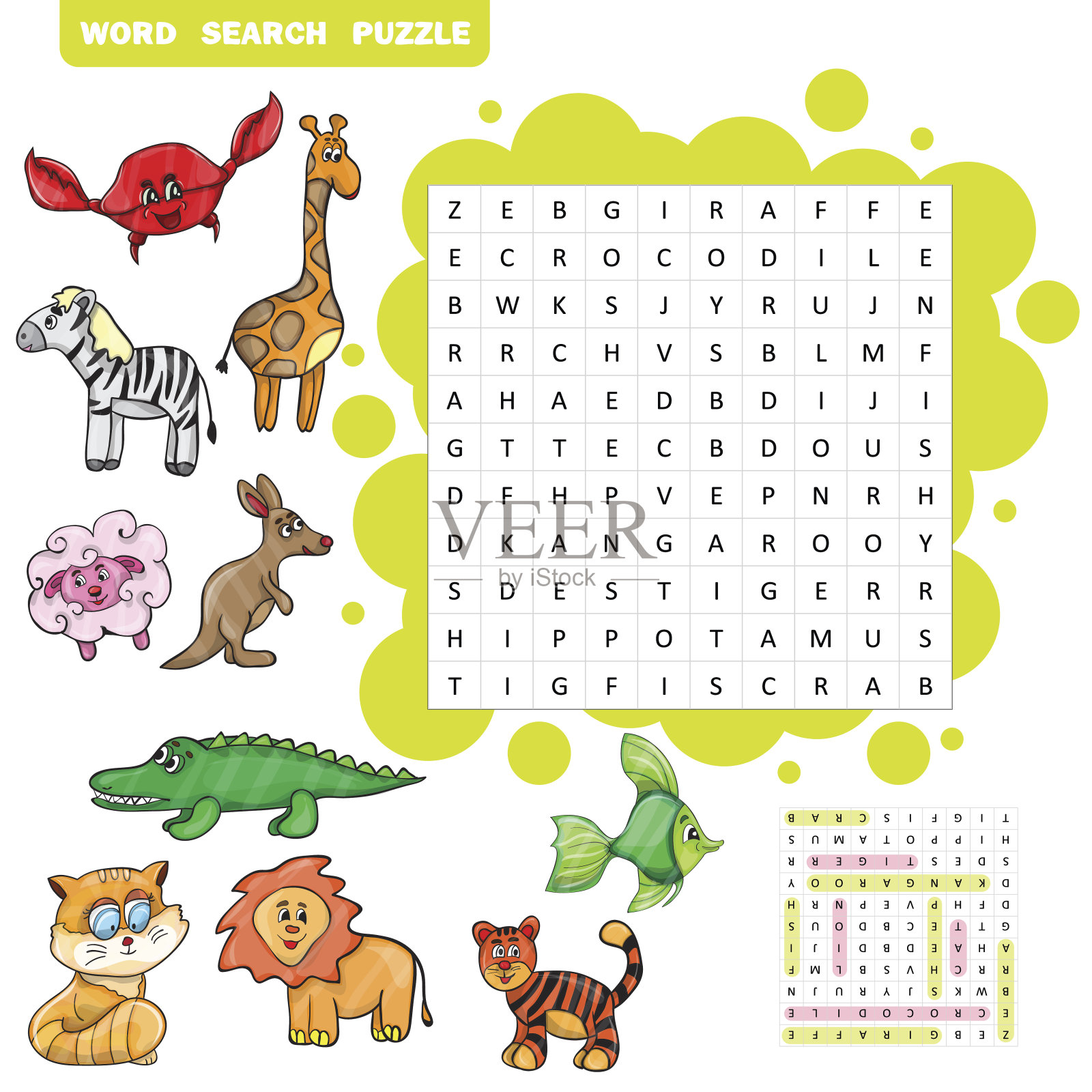 矢量教育游戏儿童有关动物-字谜搜索插画图片素材