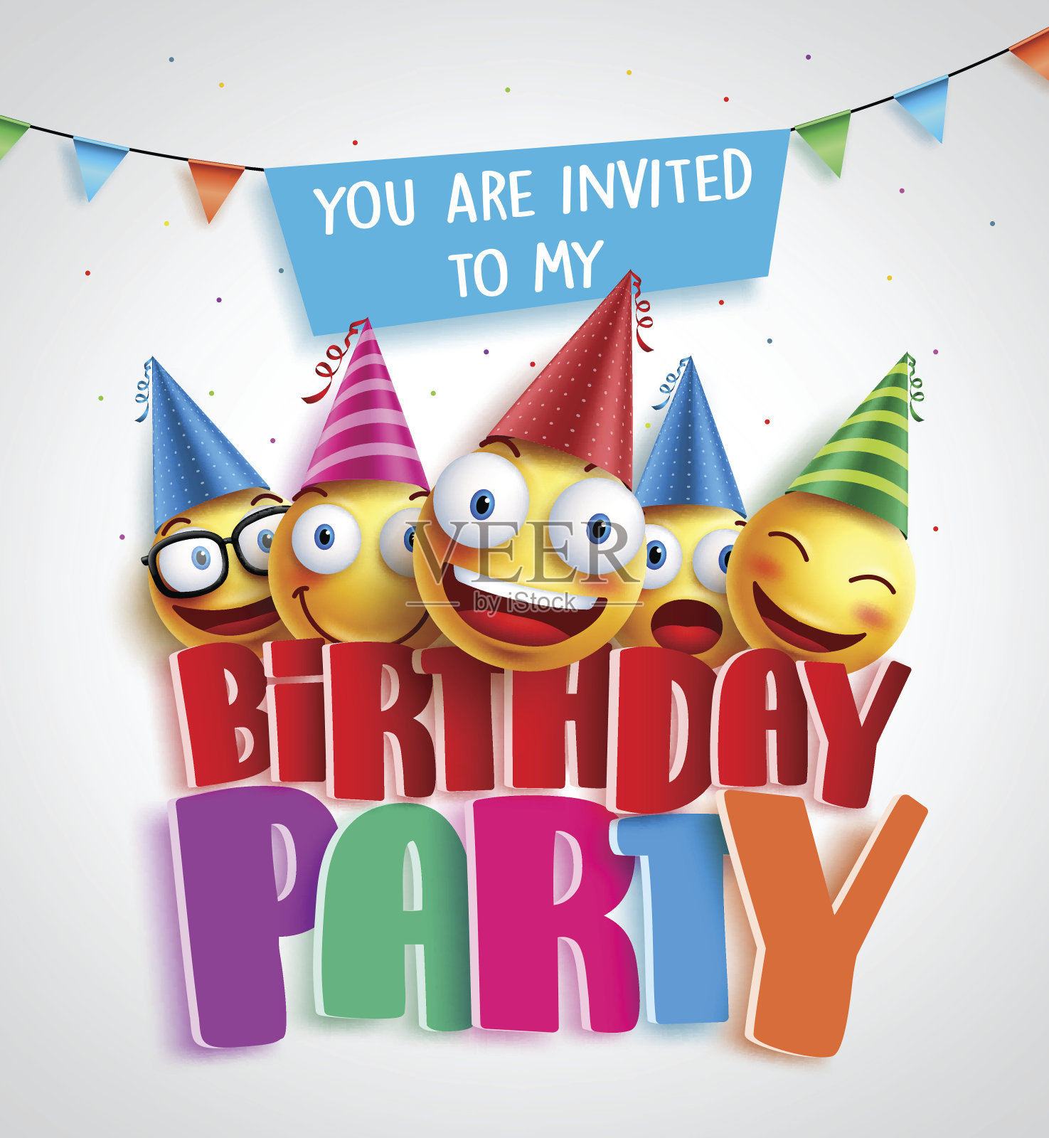 生日派对邀请矢量设计与快乐的笑脸佩戴设计模板素材