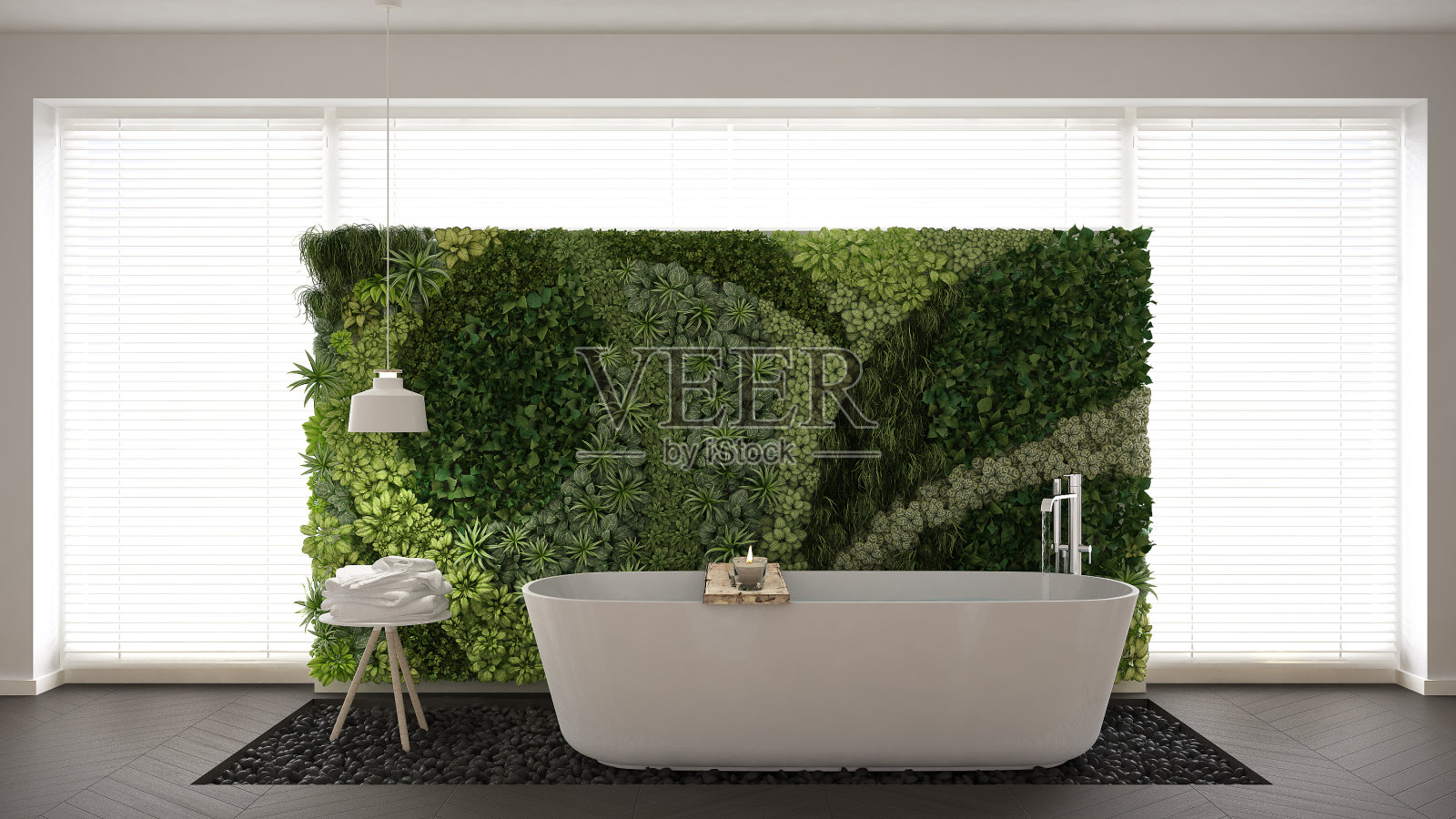 带有垂直花园的斯堪的纳维亚浴室，白色简约的室内设计照片摄影图片