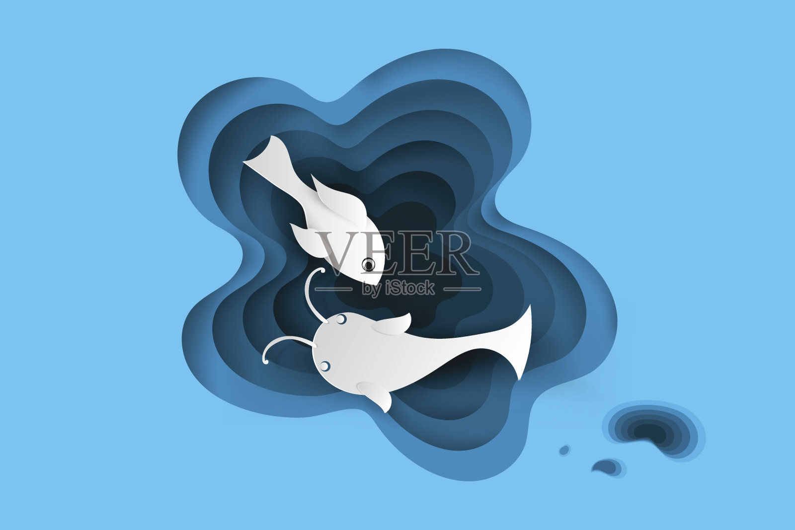鱼在水池塘的纸艺术，向量插画图片素材