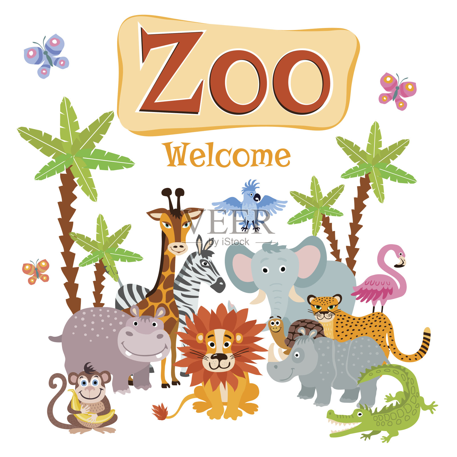 动物园矢量插图与野生卡通狩猎动物插画图片素材