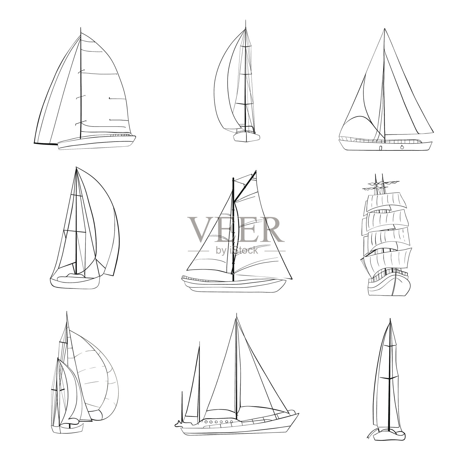 一组9艘帆船孤立在白色。插画图片素材