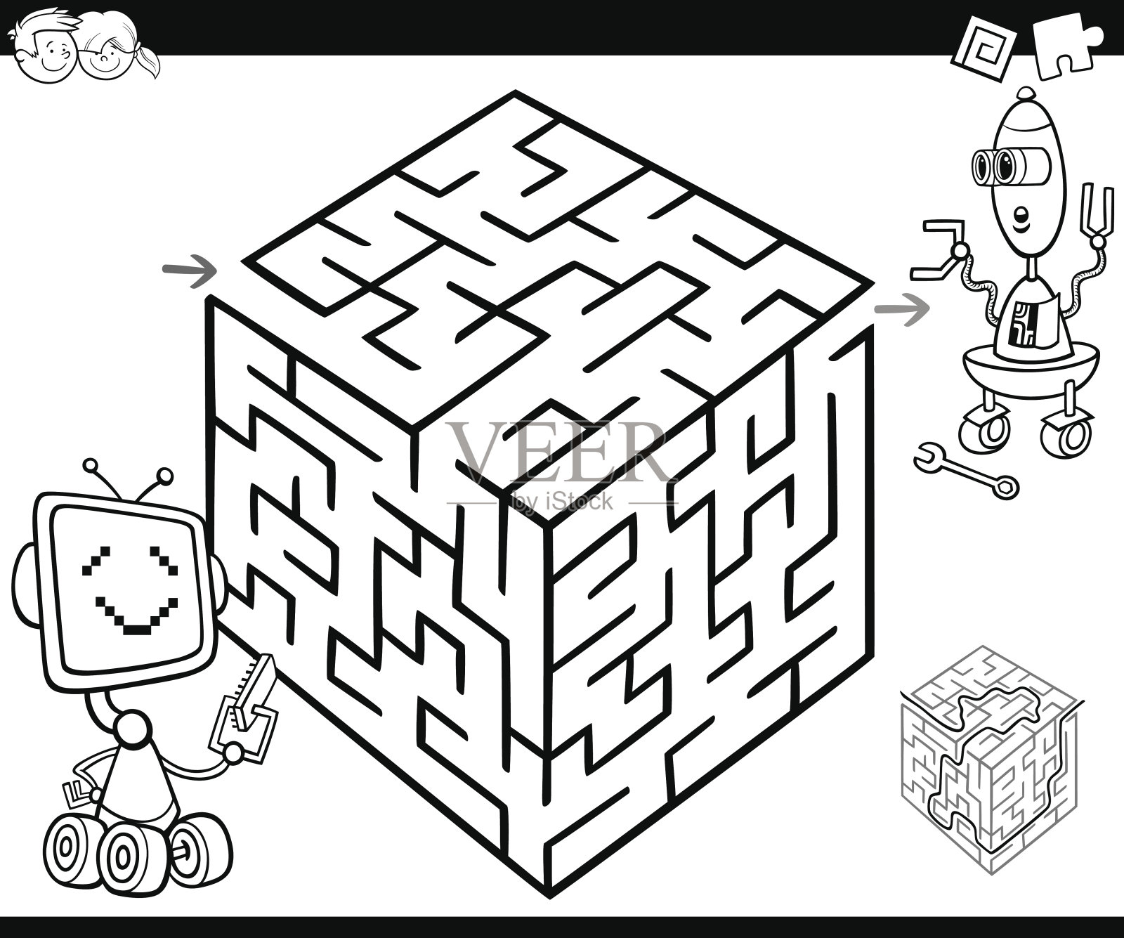 迷宫与机器人着色插画图片素材