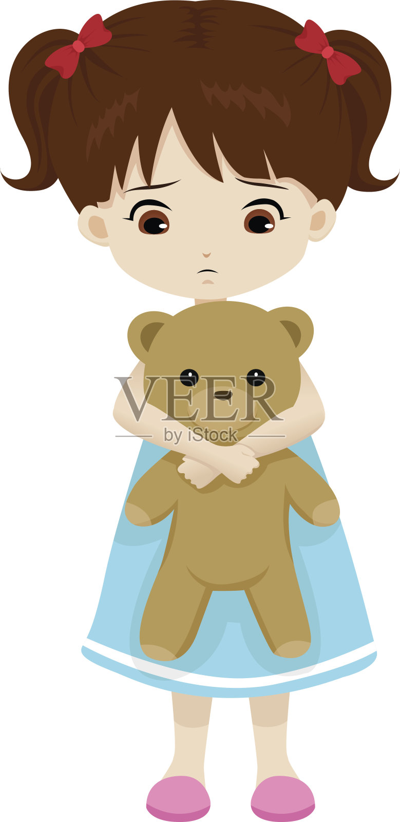 悲伤的小女孩抱着一只泰迪熊插画图片素材
